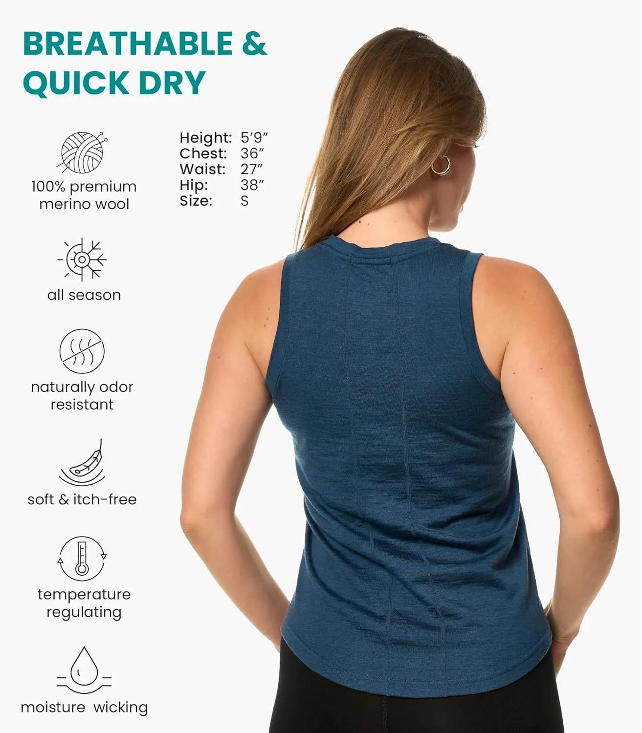 Merino Wool Tank Top Women - Active Merino Wool Undershirt Moisture Wicking Breathable Anti-Odor Lightweight Base Layer