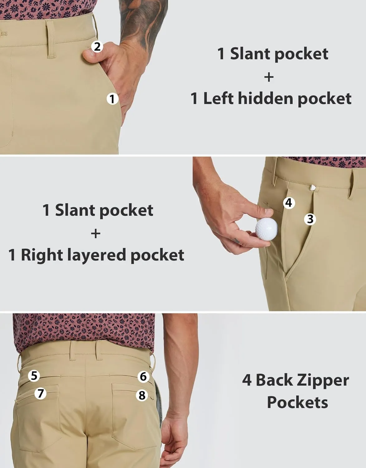 MICHEL ROUEN Golf Shorts Men 7" Solid 8 Pockets Lightweight Water-Resistant Flat Front Flex Stretch Casual Mens Dress Shorts