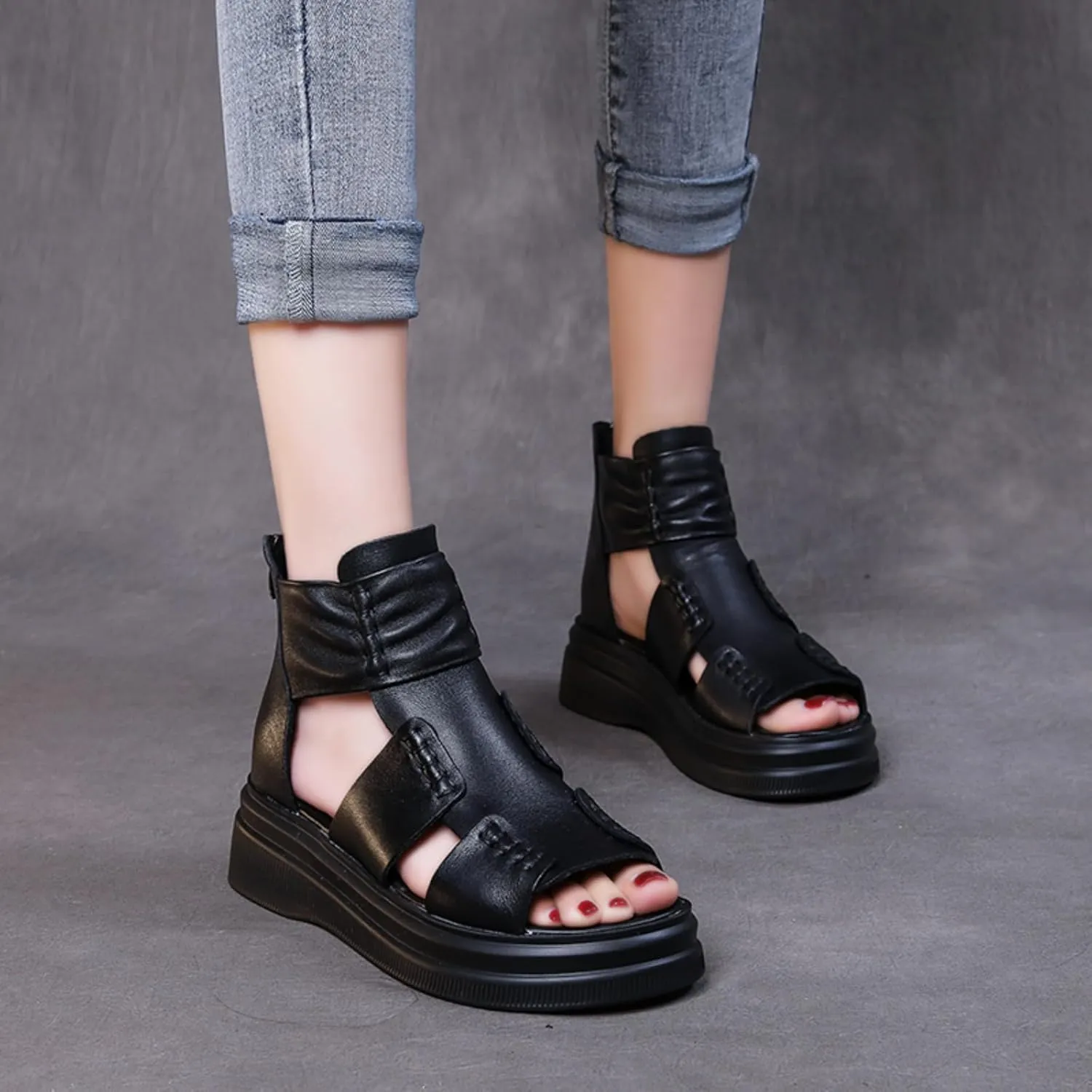 Micoklinlin Sandals Women Black Genuine Leather Boots Sandals Zipper Open Toe Flat Platform Sandals for Women Dressy Summer