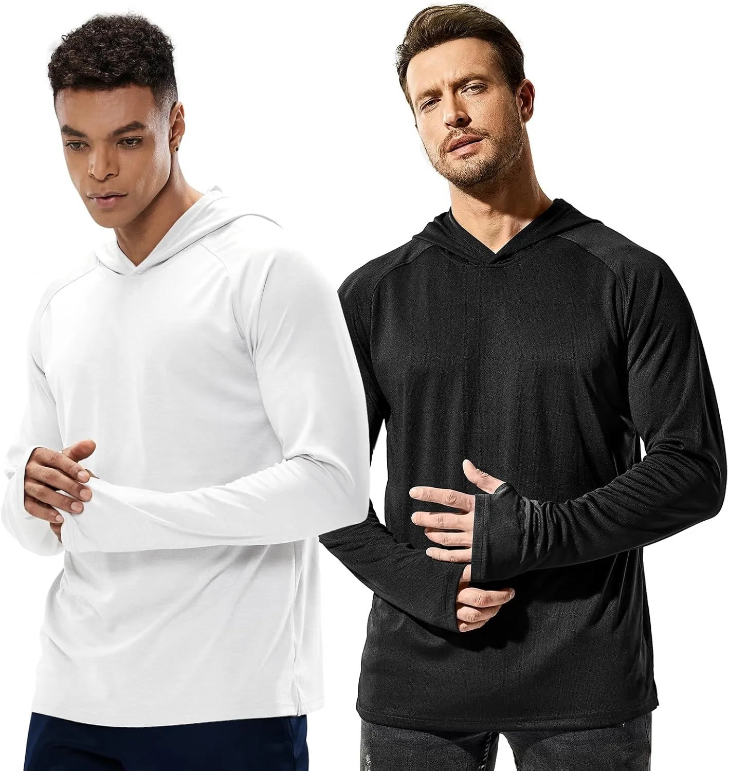 MIER Men's UPF 50  Sun Protection Hoodie Long Sleeve SPF Fishing Hiking Thumbhole Shirts Hooded Quick Dry, 2 Pack