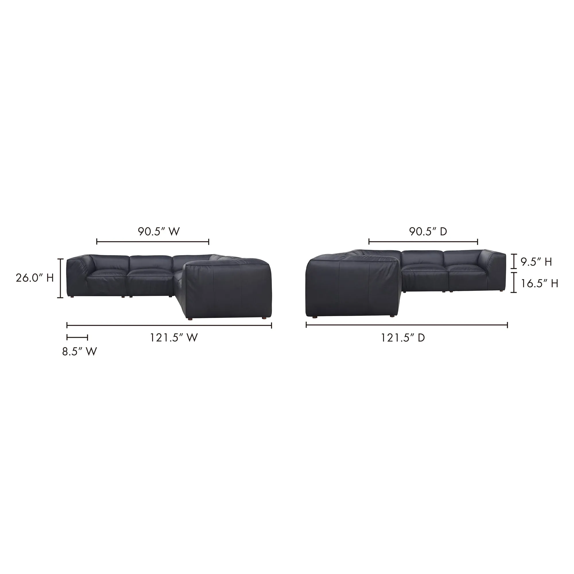 Moe's Home Collection Form Classic L-Shaped Modular Sectional ~ Vantage Black Leather