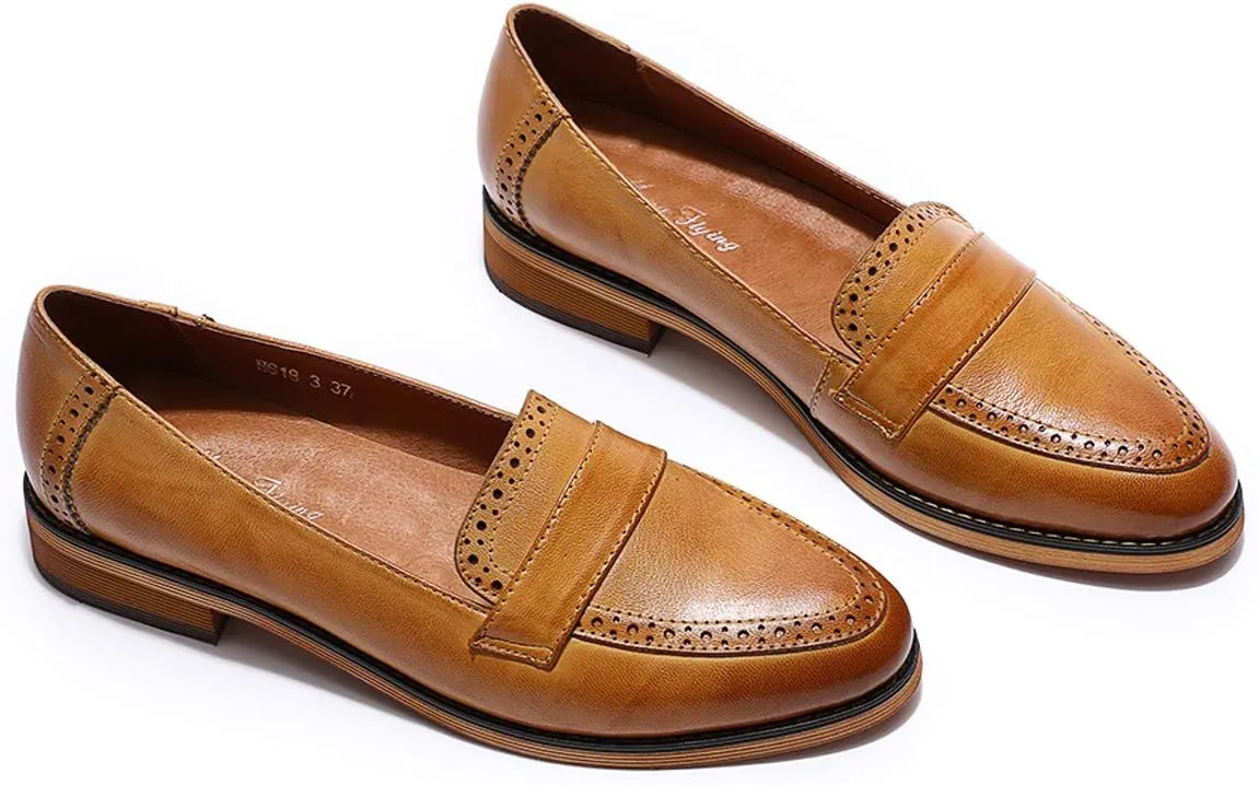 Mona flying Women's Classy Leather Penny Loafer Dress Casual Slip on Flat Office Work Shoes for Ladies