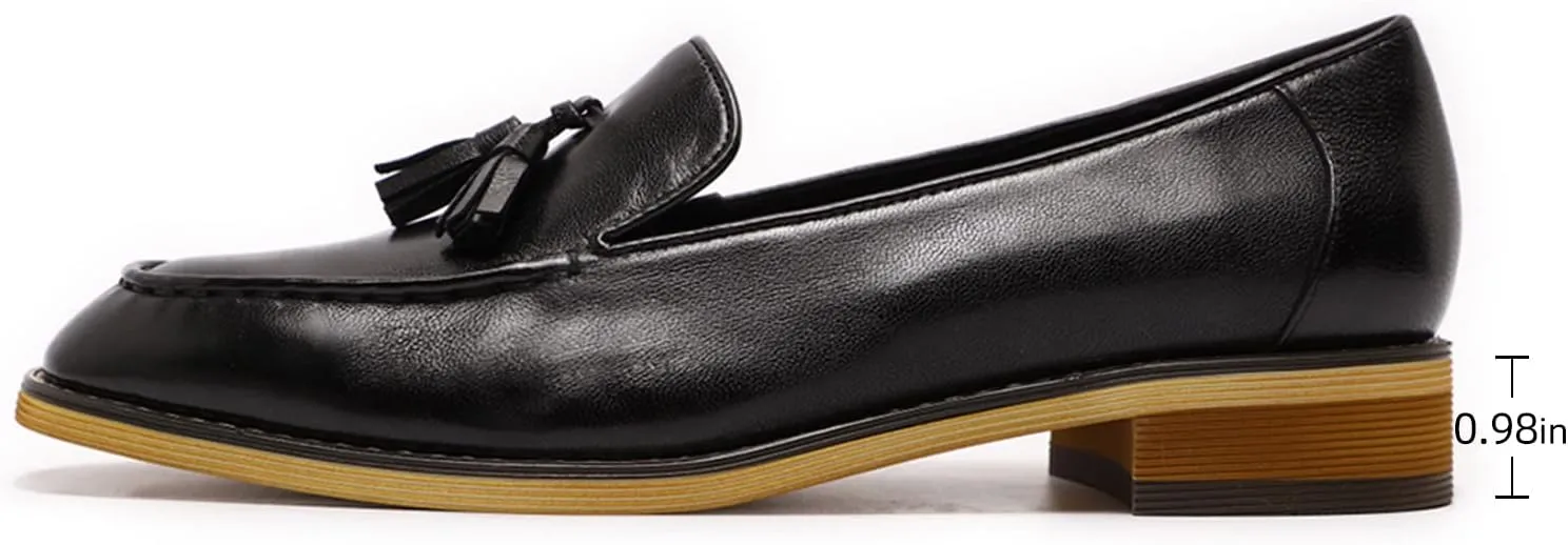 Mona flying Women's Leather Tassel Loafer Dress Casual Slip on Flat Work Shoes for Ladies