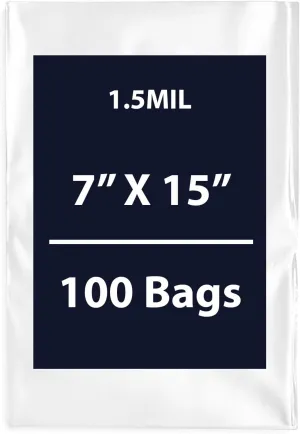 Multiple Sizes Clear Flat Poly Bags, 1.5Mil 7" X 15" & 100 Bags | Low-Density Polyethylene (LDPE), Flat Open Top Plastic Packaging Packing | Flexible and Durable Plastic Bags