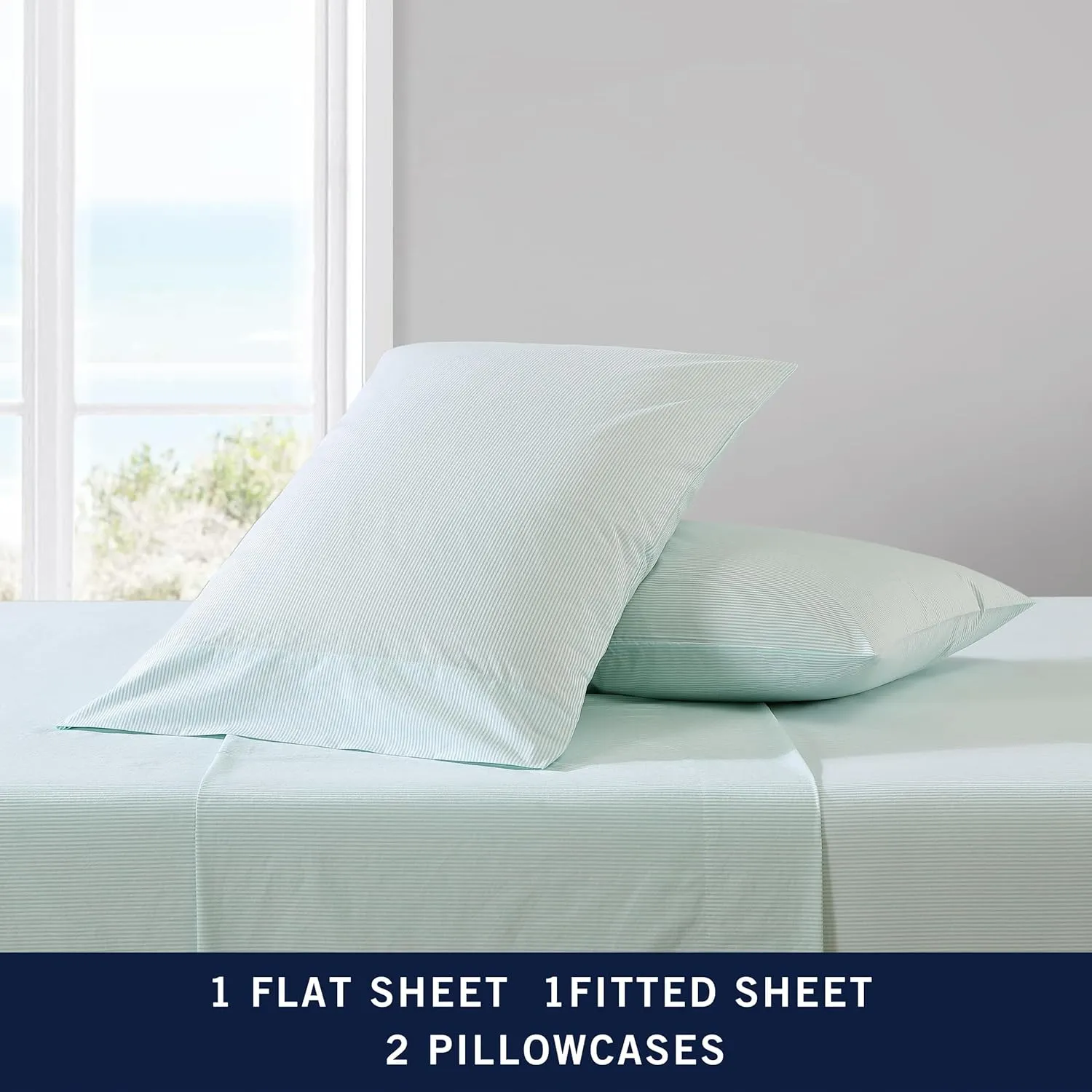 Nautica - Queen Sheet Set, Cotton Percale Bedding Set, Crisp & Cool, Lightweight & Breathable (Penny Pinstripe Green, Queen)