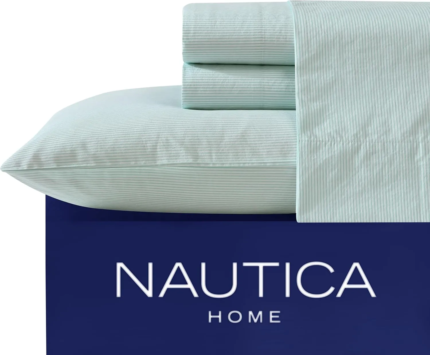 Nautica - Queen Sheet Set, Cotton Percale Bedding Set, Crisp & Cool, Lightweight & Breathable (Penny Pinstripe Green, Queen)