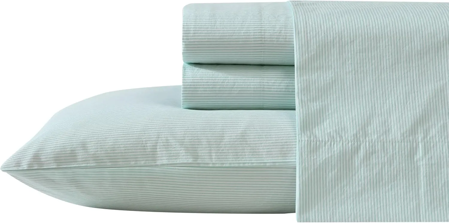Nautica - Queen Sheet Set, Cotton Percale Bedding Set, Crisp & Cool, Lightweight & Breathable (Penny Pinstripe Green, Queen)