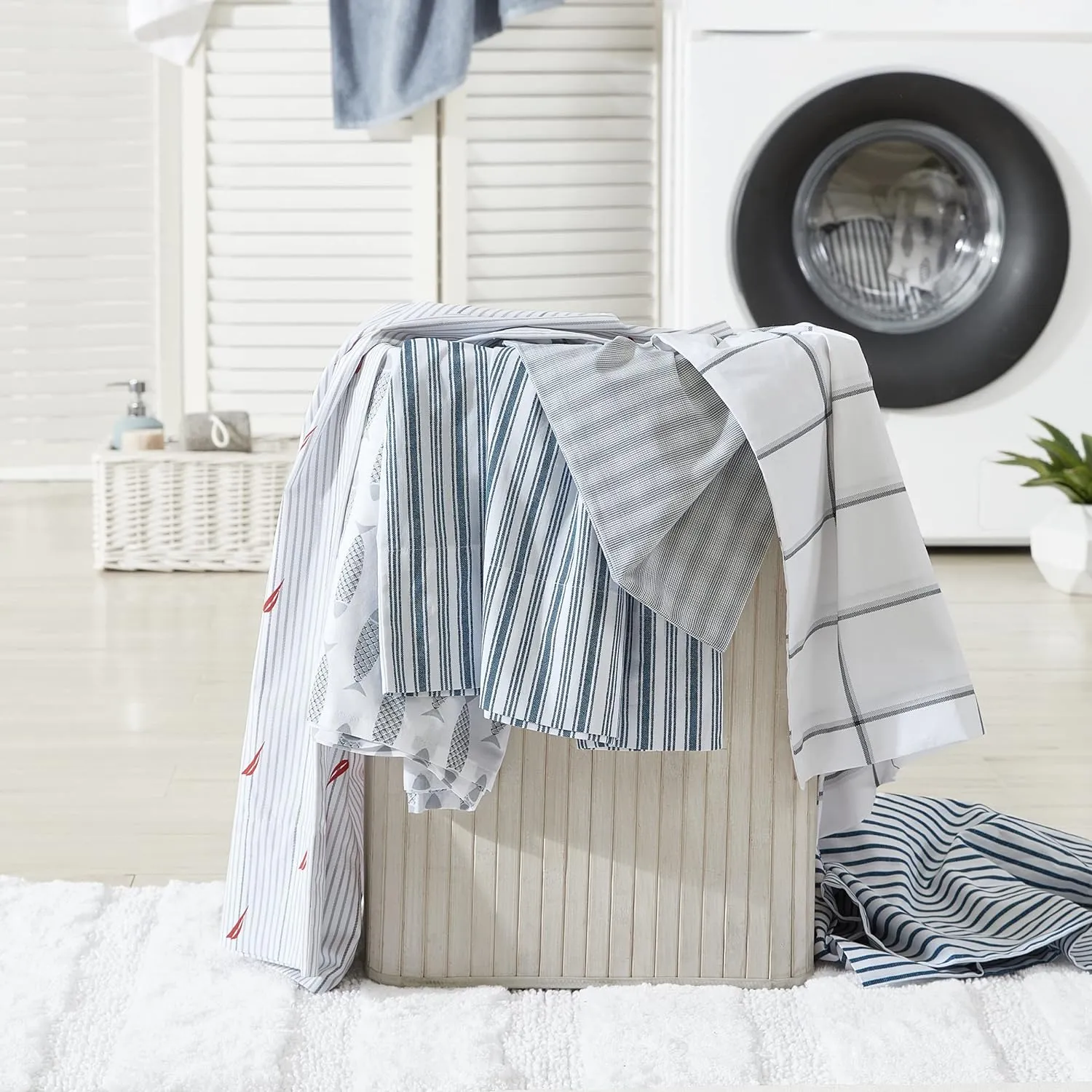 Nautica- Queen Sheet Set, Cotton Percale Bedding Set,4 pcs, Crisp & Cool, Lightweight & Breathable (Audley Stripe Red, Queen)
