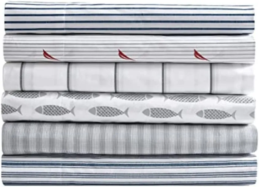 Nautica- Queen Sheet Set, Cotton Percale Bedding Set,4 pcs, Crisp & Cool, Lightweight & Breathable (Audley Stripe Red, Queen)