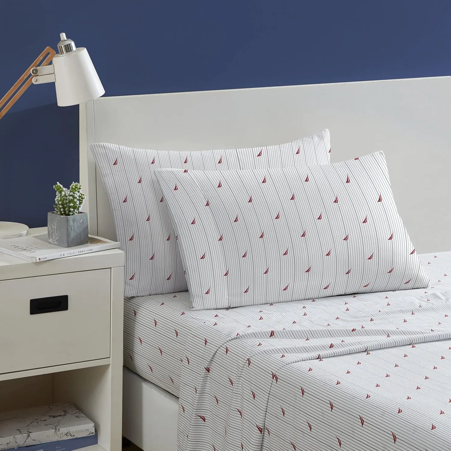 Nautica- Queen Sheet Set, Cotton Percale Bedding Set,4 pcs, Crisp & Cool, Lightweight & Breathable (Audley Stripe Red, Queen)