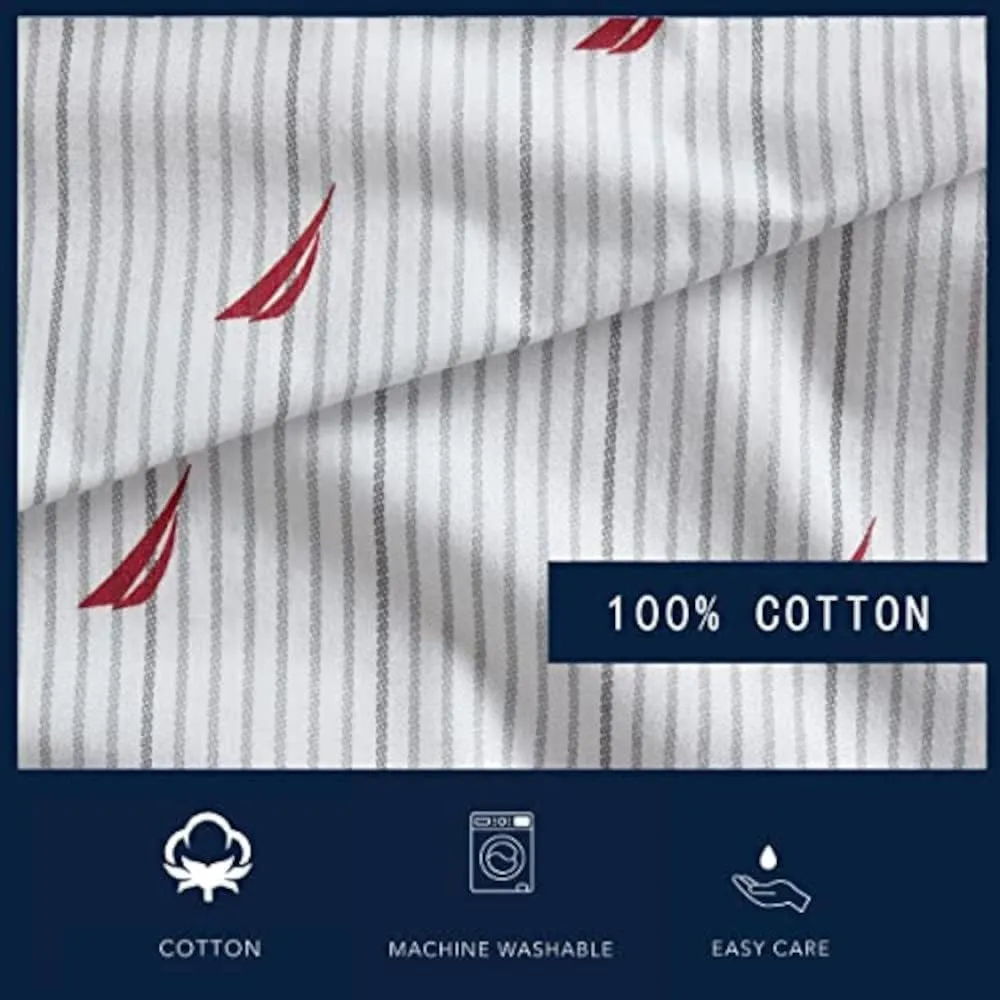 Nautica- Queen Sheet Set, Cotton Percale Bedding Set,4 pcs, Crisp & Cool, Lightweight & Breathable (Audley Stripe Red, Queen)