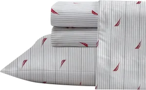 Nautica- Queen Sheet Set, Cotton Percale Bedding Set,4 pcs, Crisp & Cool, Lightweight & Breathable (Audley Stripe Red, Queen)