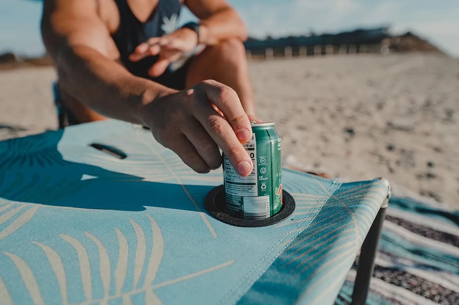 Neso Portable Beach Table with Cup Holders, Cell Phone Pockets, Lightweight for Picnics and Parks (Aqua Fronds)