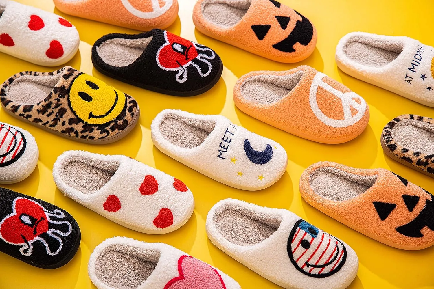 NEVEROLD Fun Cute Trendy Colorful Cartoon Illustrated Cozy Fluffy Plush Fur Slip On Cushion House Slippers for Women, Men, Girls, and Boys