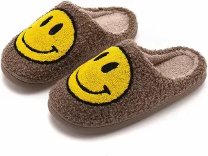 NEVEROLD Fun Happy Face Smile Emoticon Fluffy Sherpa Slip On House Slippers for Women and Men