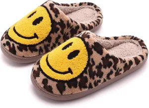 NEVEROLD Fun Happy Face Smile Emoticon Fluffy Sherpa Slip On House Slippers for Women and Men