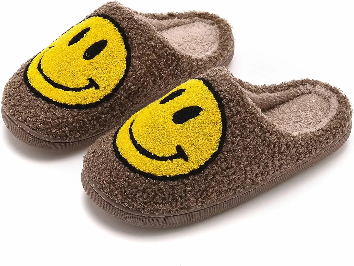 NEVEROLD Fun Happy Face Smile Emoticon Fluffy Sherpa Slip On House Slippers for Women and Men