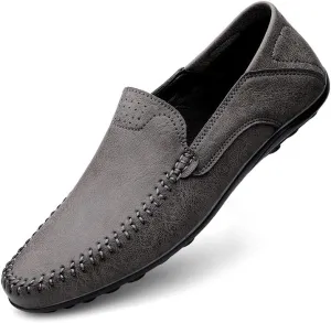 New Loafers for Men Solid Color Vegan Leather Manual Stitching Flat Heel Lightweight Comfortable Walking Slip On