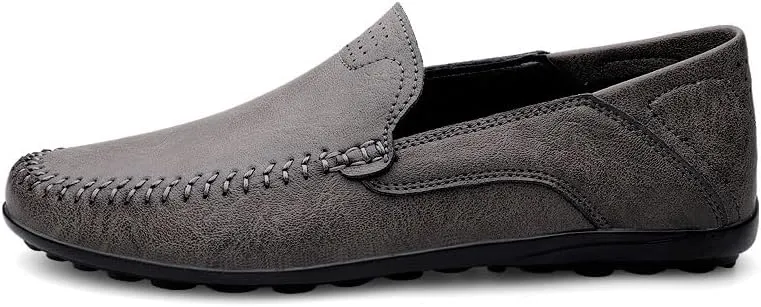 New Loafers for Men Solid Color Vegan Leather Manual Stitching Flat Heel Lightweight Comfortable Walking Slip On