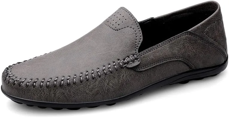 New Loafers for Men Solid Color Vegan Leather Manual Stitching Flat Heel Lightweight Comfortable Walking Slip On