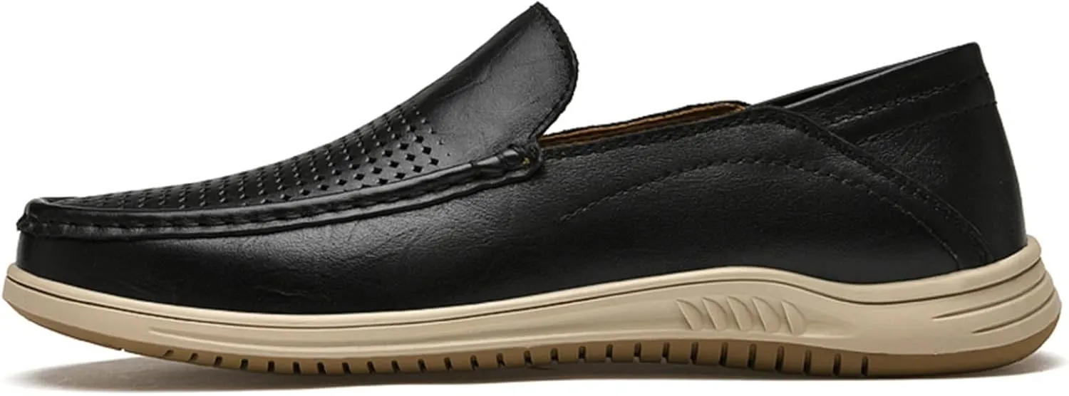 New Mens Loafers Cowhide Stitching Details Round Toe Perforated Option Flat Heel Flexible Lightweight Wedding Slip On