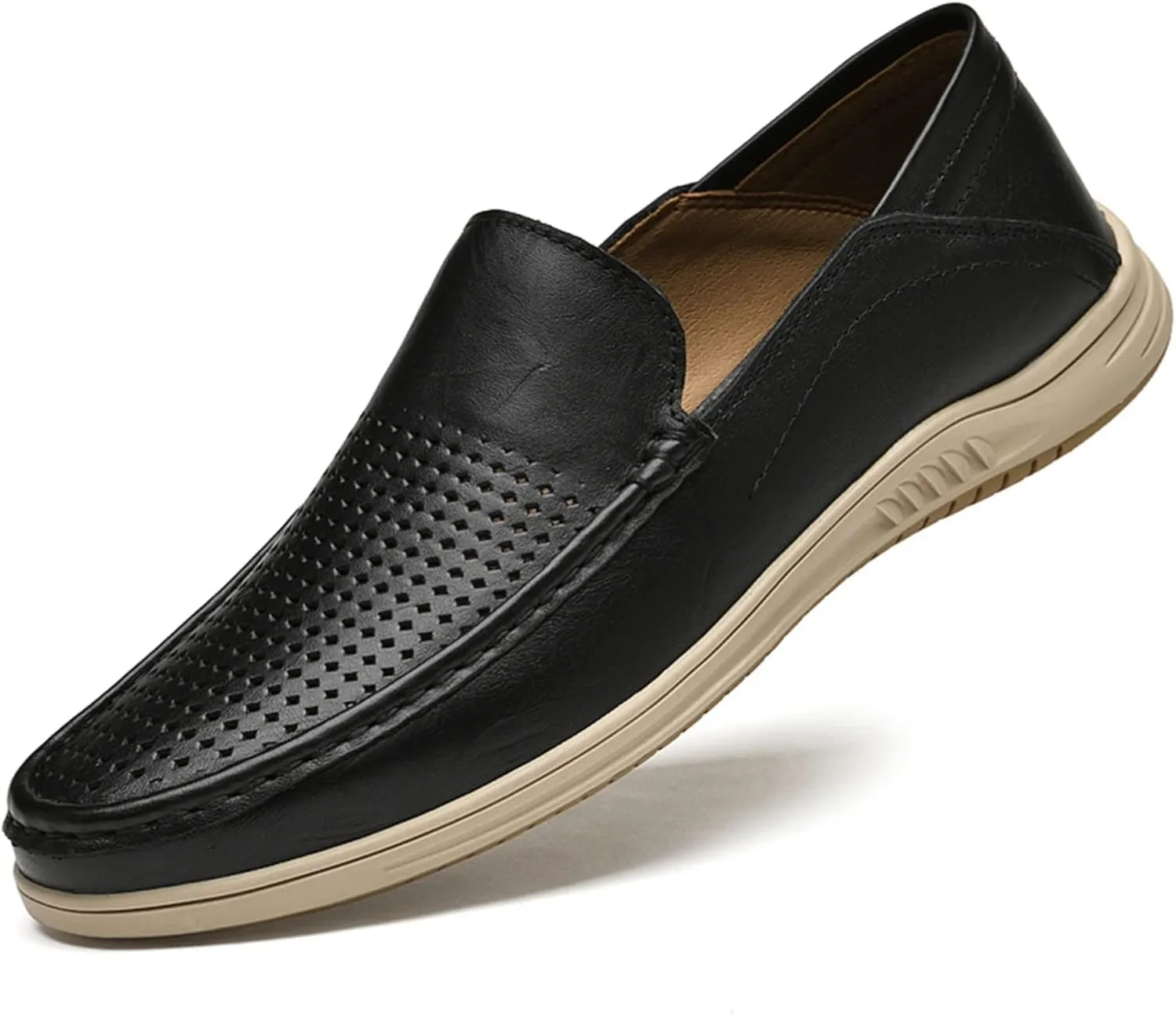New Mens Loafers Cowhide Stitching Details Round Toe Perforated Option Flat Heel Flexible Lightweight Wedding Slip On
