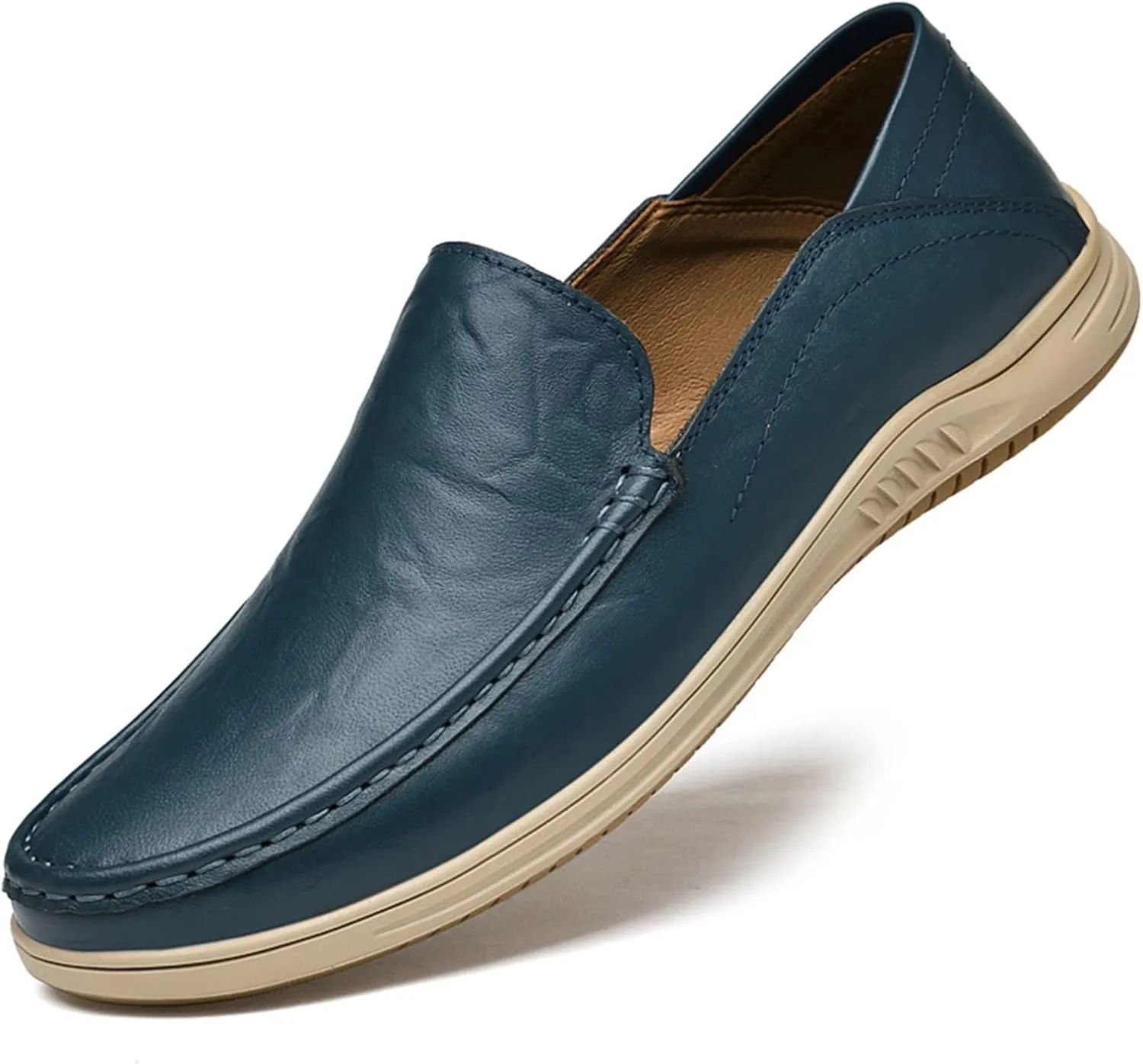 New Mens Loafers Cowhide Stitching Details Round Toe Perforated Option Flat Heel Flexible Lightweight Wedding Slip On