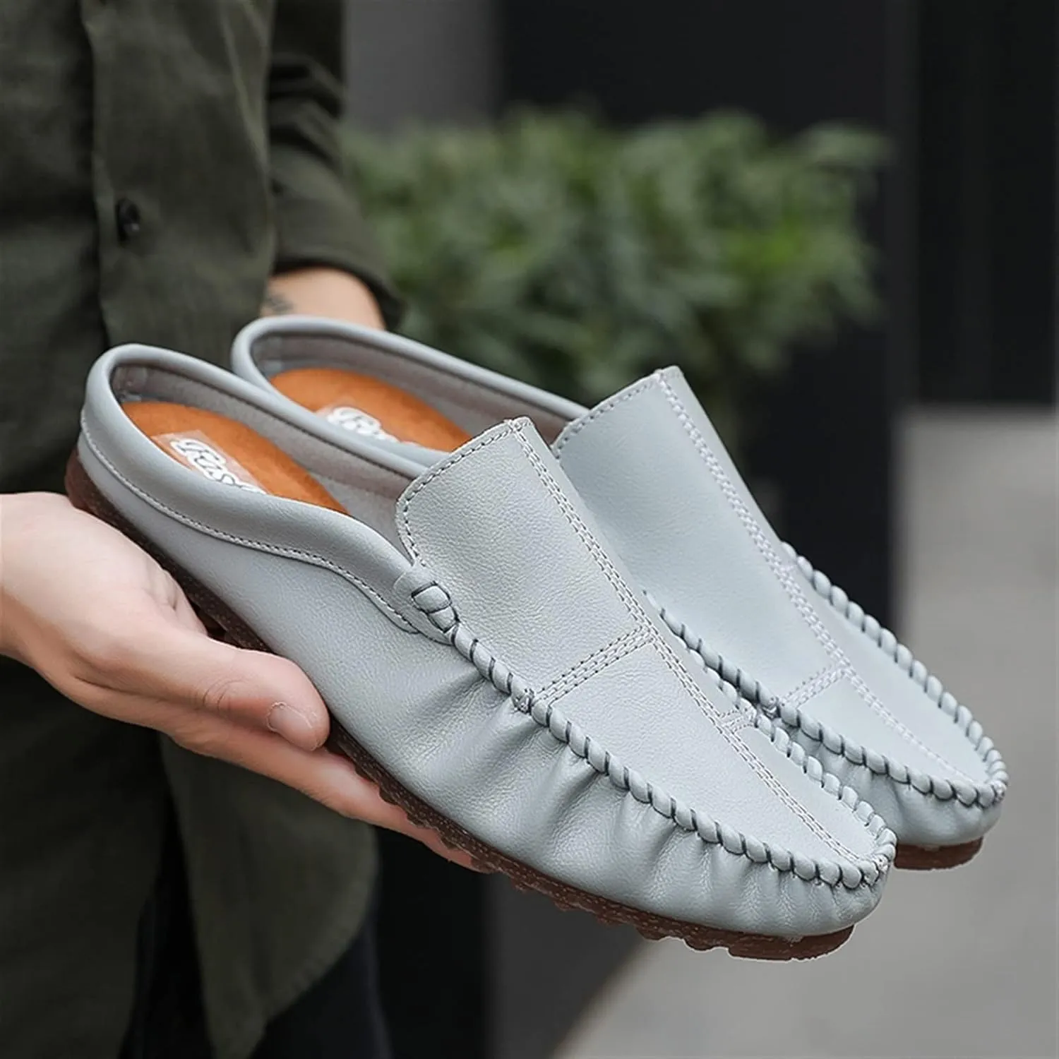 New Mens Loafers Stitching Details Backless Moccasins Shoes Vegan Leather Flat Heel Slip Resistant Flexible Outdoor Party Slip-ons