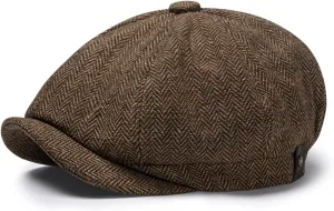 Newsboy Hats for Men Classic 8 Panel Wool Blend Newsboy Flat Cap Herringbone Tweed Hat