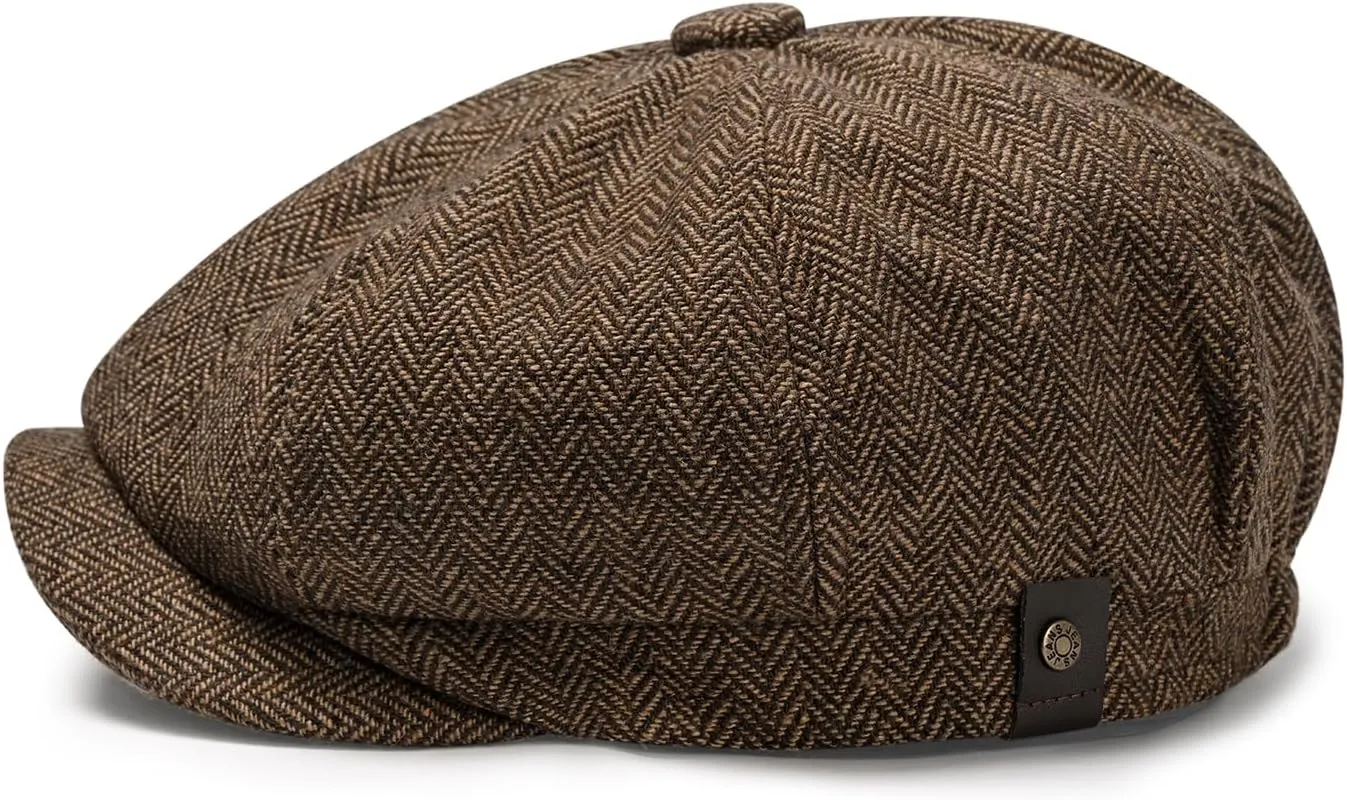 Newsboy Hats for Men Classic 8 Panel Wool Blend Newsboy Flat Cap Herringbone Tweed Hat