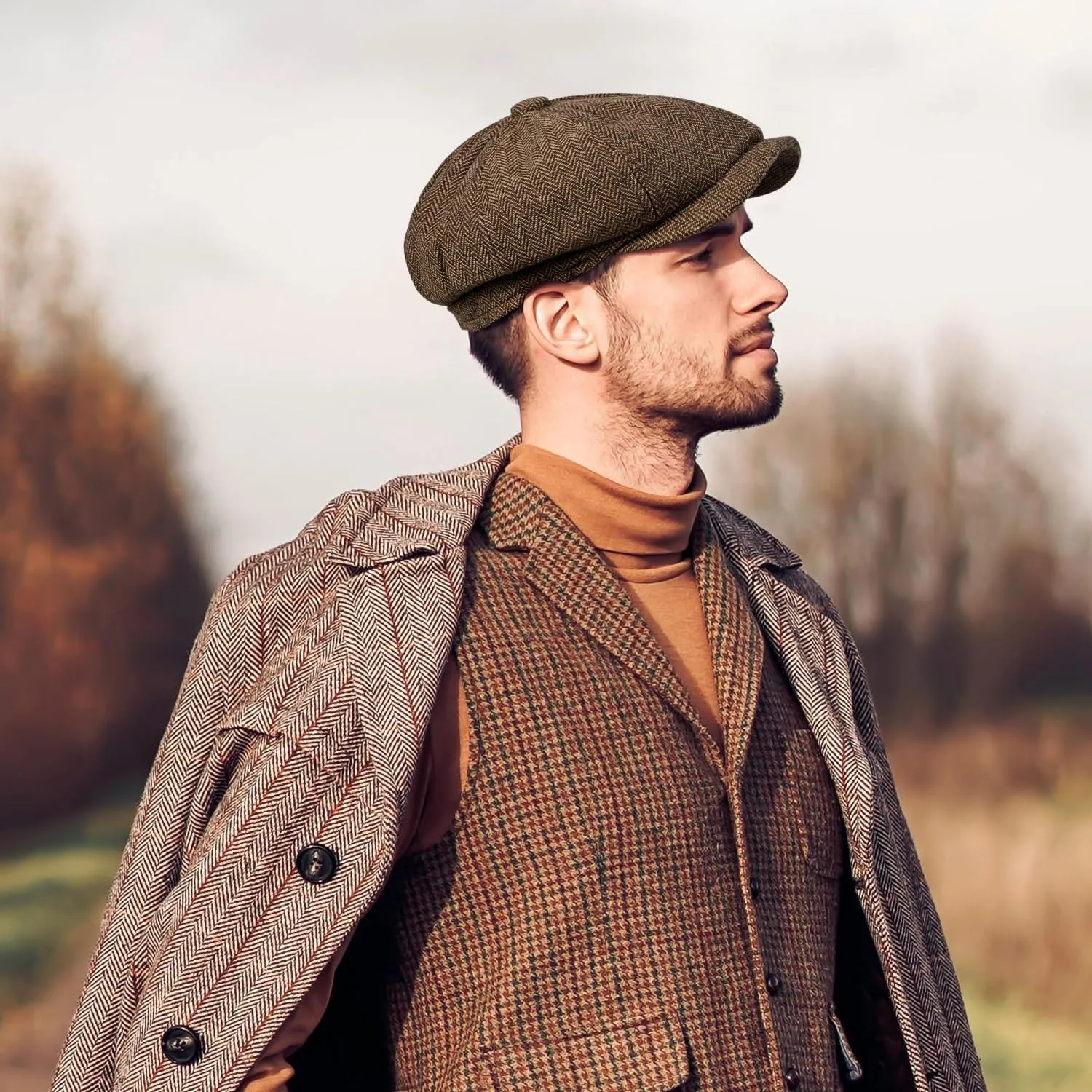 Newsboy Hats for Men Classic 8 Panel Wool Blend Newsboy Flat Cap Herringbone Tweed Hat