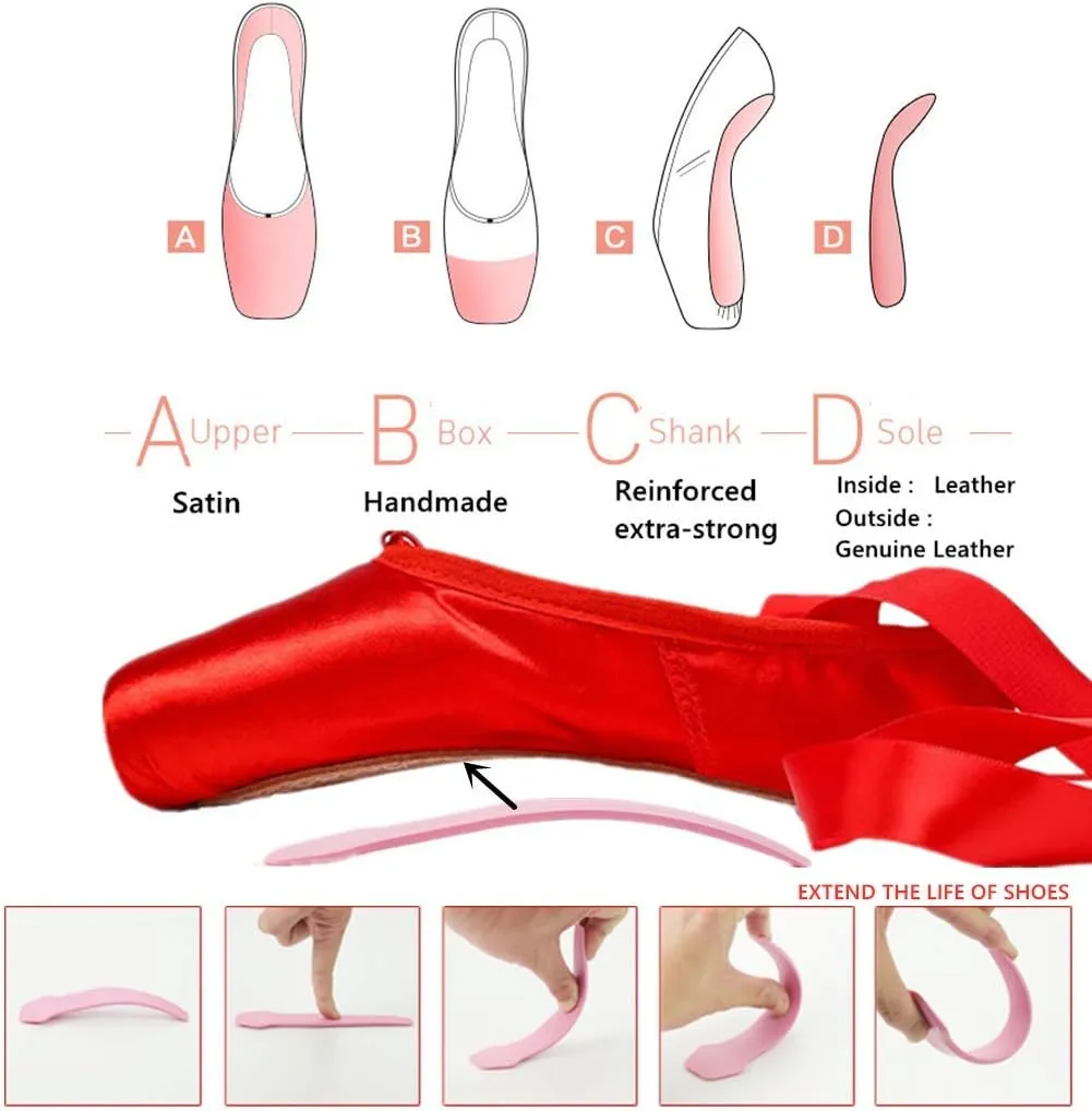 Nexete Professional Vanassa Ballet Pointe Shoes Satin Dance Slipper Flats with Toe Pad & Ribbon,Leather Sole,Resilient Shank Able to Reach Full Pointe for Girl Women
