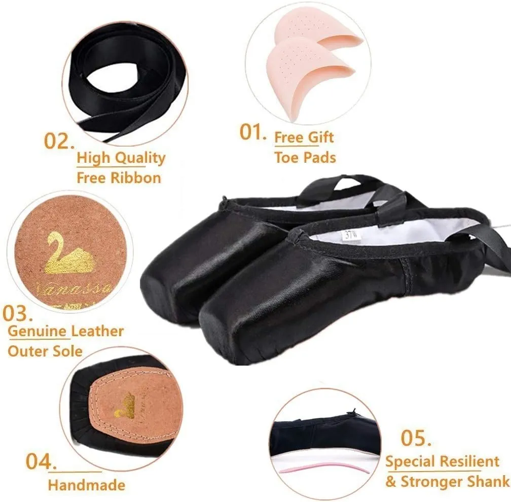Nexete Professional Vanassa Ballet Pointe Shoes Satin Dance Slipper Flats with Toe Pad & Ribbon,Leather Sole,Resilient Shank Able to Reach Full Pointe for Girl Women