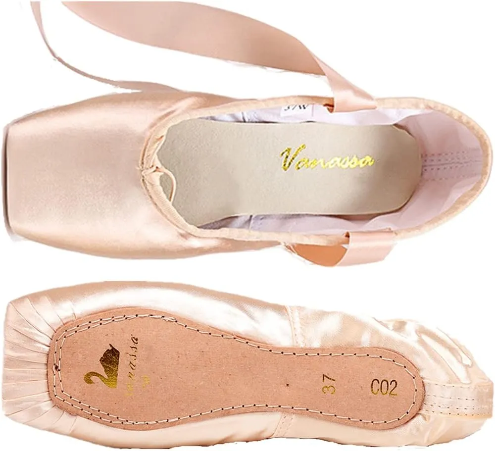 Nexete Professional Vanassa Ballet Pointe Shoes Satin Dance Slipper Flats with Toe Pad & Ribbon,Leather Sole,Resilient Shank Able to Reach Full Pointe for Girl Women
