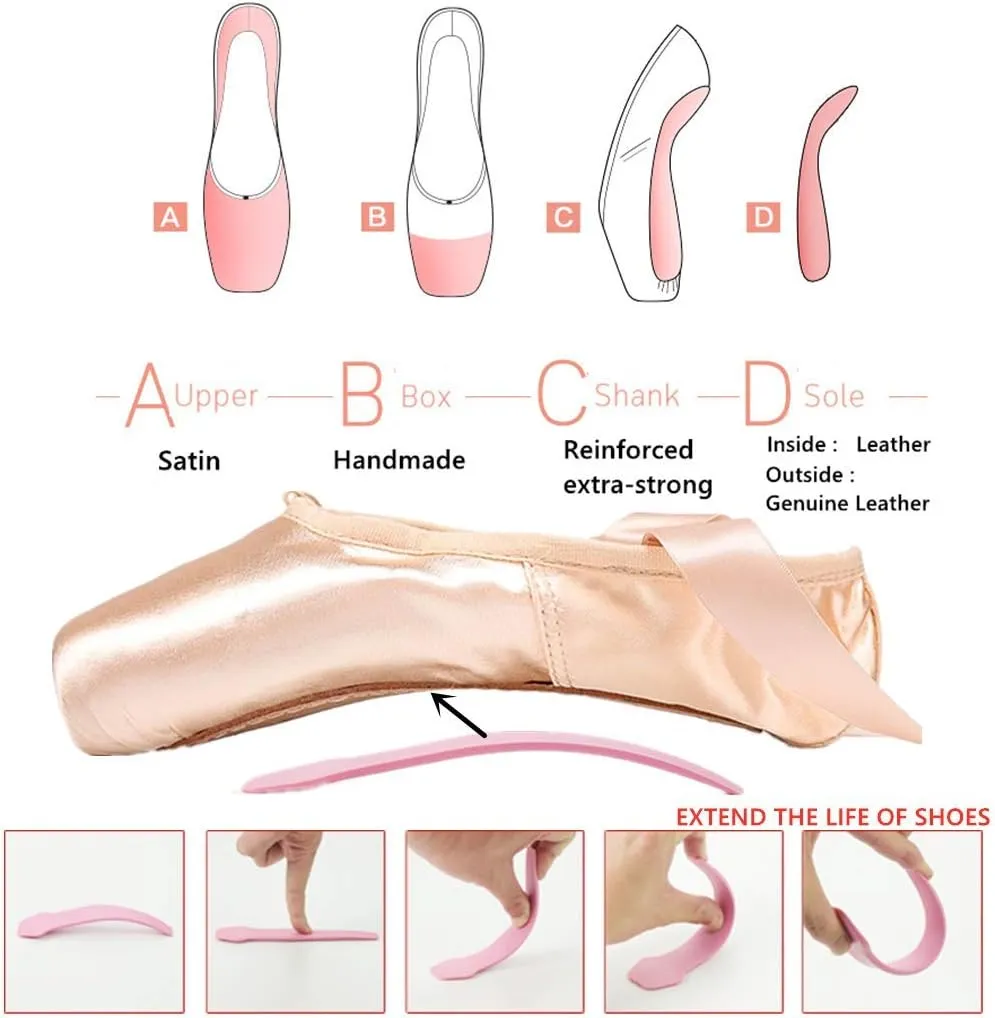 Nexete Professional Vanassa Ballet Pointe Shoes Satin Dance Slipper Flats with Toe Pad & Ribbon,Leather Sole,Resilient Shank Able to Reach Full Pointe for Girl Women