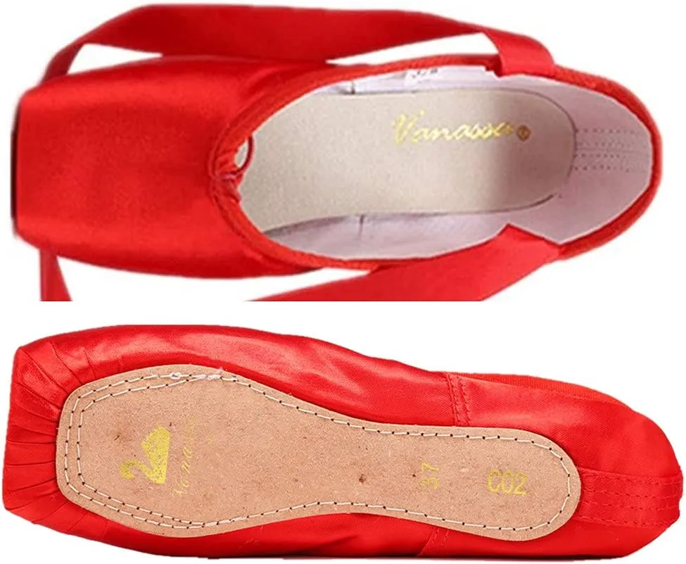 Nexete Professional Vanassa Ballet Pointe Shoes Satin Dance Slipper Flats with Toe Pad & Ribbon,Leather Sole,Resilient Shank Able to Reach Full Pointe for Girl Women