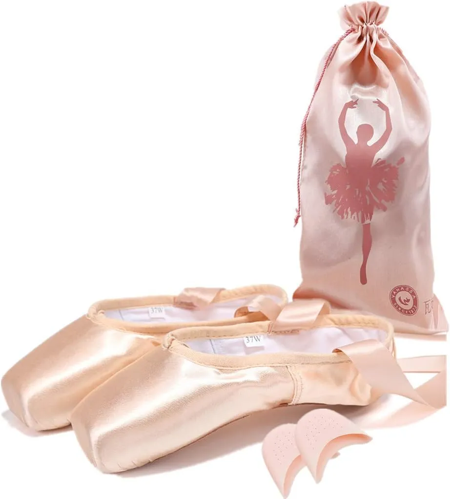 Nexete Professional Vanassa Ballet Pointe Shoes Satin Dance Slipper Flats with Toe Pad & Ribbon,Leather Sole,Resilient Shank Able to Reach Full Pointe for Girl Women