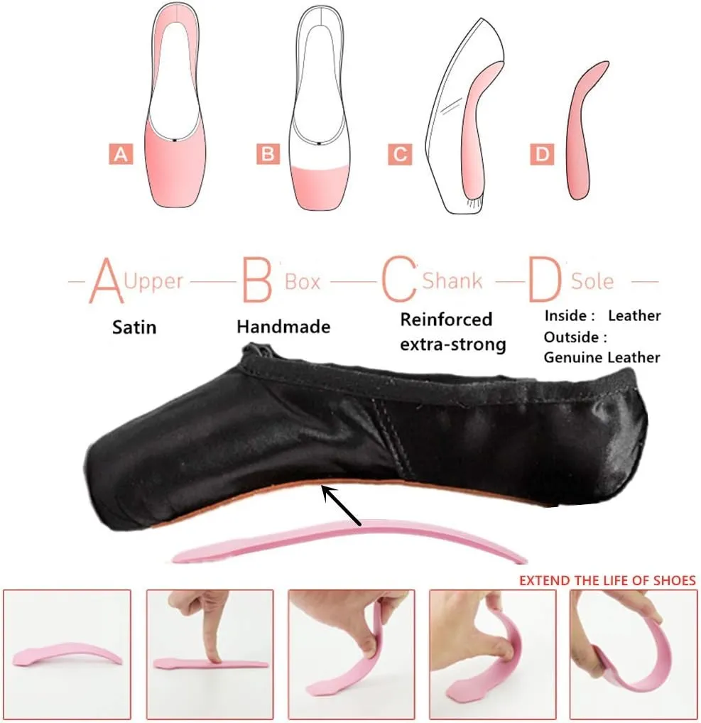 Nexete Professional Vanassa Ballet Pointe Shoes Satin Dance Slipper Flats with Toe Pad & Ribbon,Leather Sole,Resilient Shank Able to Reach Full Pointe for Girl Women