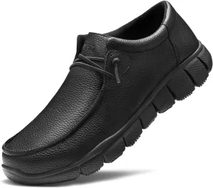 NINGO Men's Slip-Resistant Work Shoes, Water Resistant Slip-On Chef Loafers, Lightweight Breathable Footwear for Kitchen/Restaurant Staff, Food Service & Hospitality Safety Sneakers Black