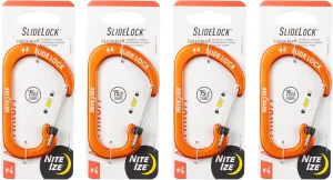 Nite Ize Aluminum SlideLock Carabiner - Daily Use & Lightweight Carabiner - Compact Aluminum Carabiner with Lock - Versatile Rectangular Carabiner - Size 4, Orange (4 Pack)