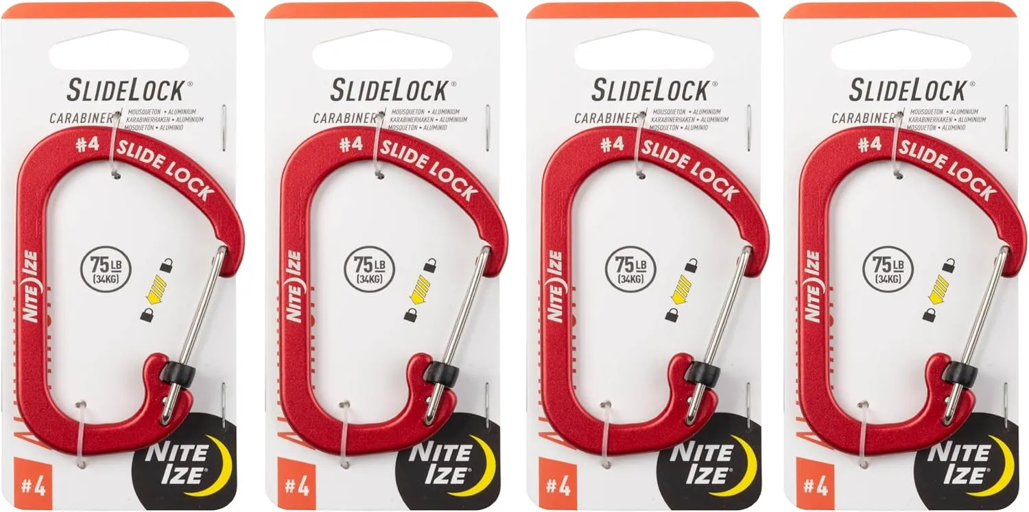Nite Ize Aluminum SlideLock Carabiner - Daily Use & Lightweight Carabiner - Compact Aluminum Carabiner with Lock - Versatile Rectangular Carabiner - Size 4, Red (4 Pack)