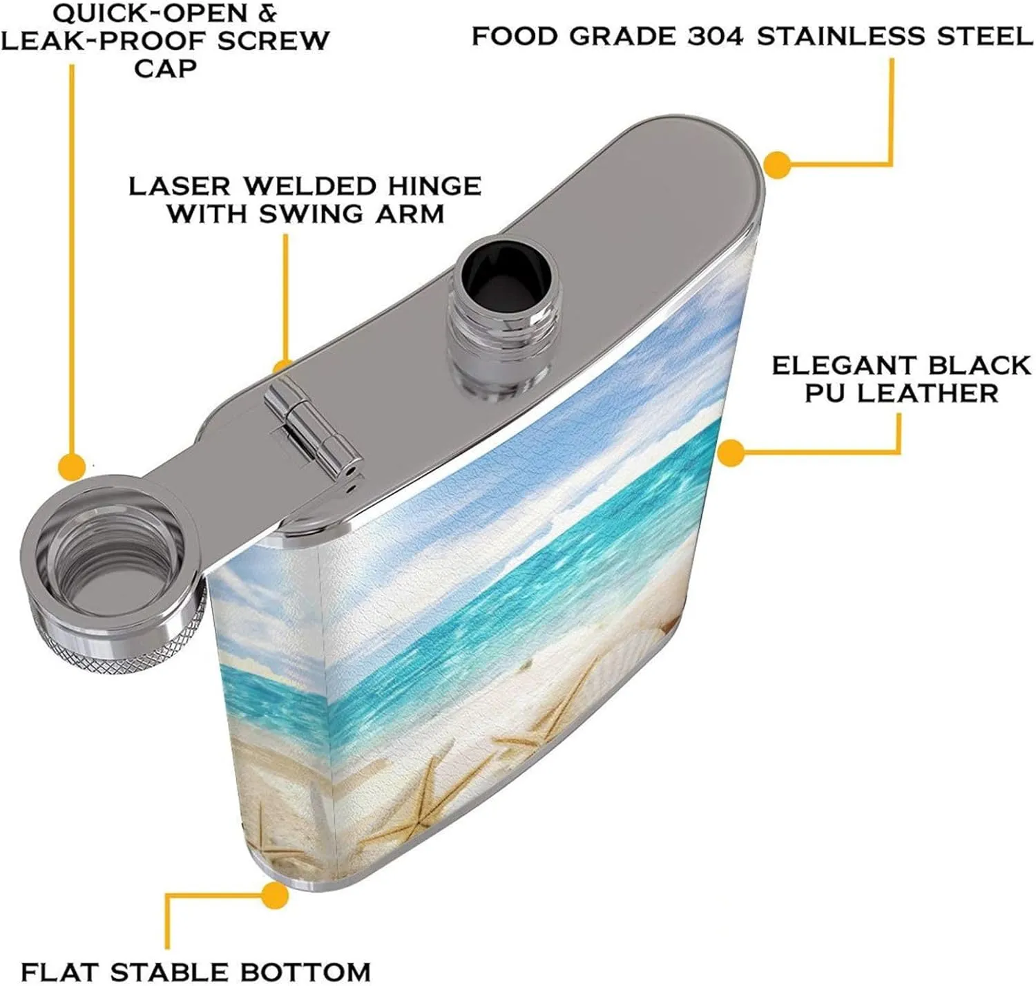 Ocean Beach Portable Stainless Steel Small Flagon, Outdoor Flat Pocket Liquor Flask Wine Pot Hip Flask
