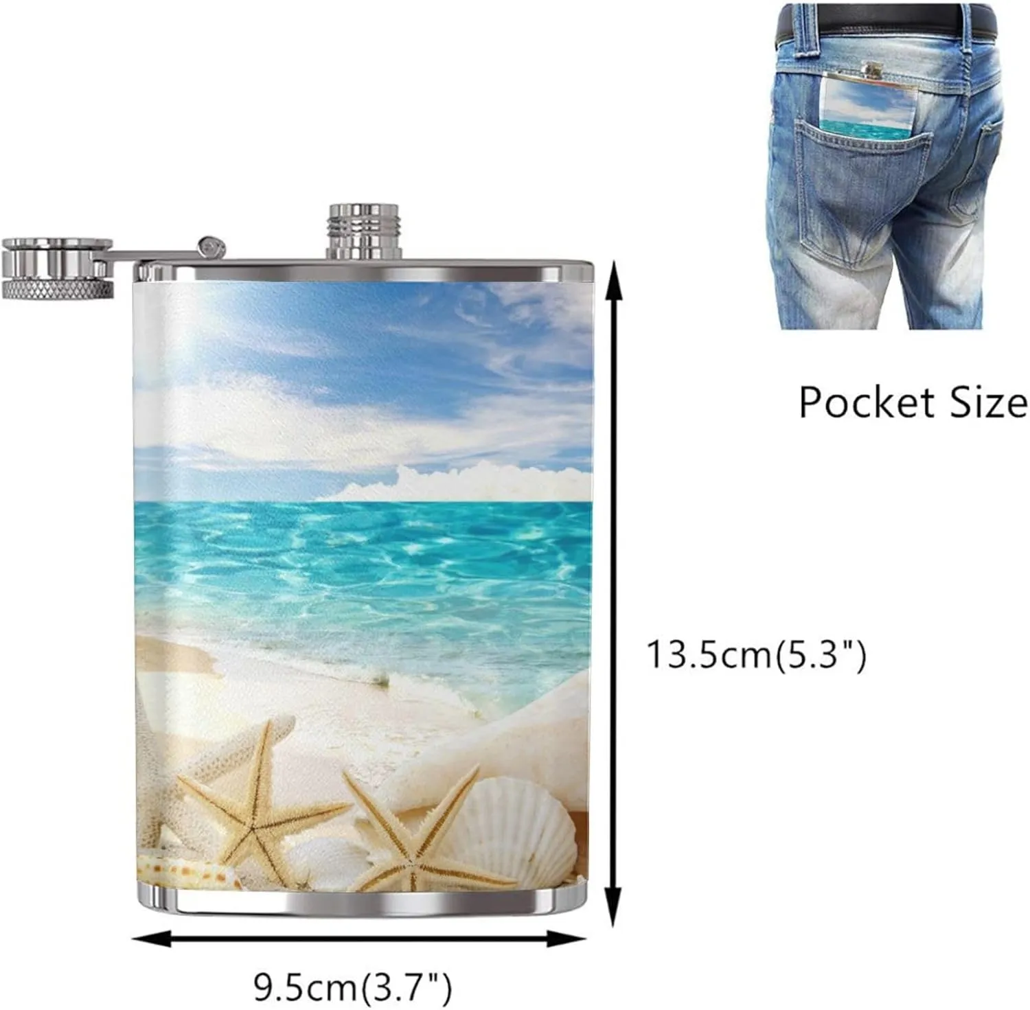 Ocean Beach Portable Stainless Steel Small Flagon, Outdoor Flat Pocket Liquor Flask Wine Pot Hip Flask