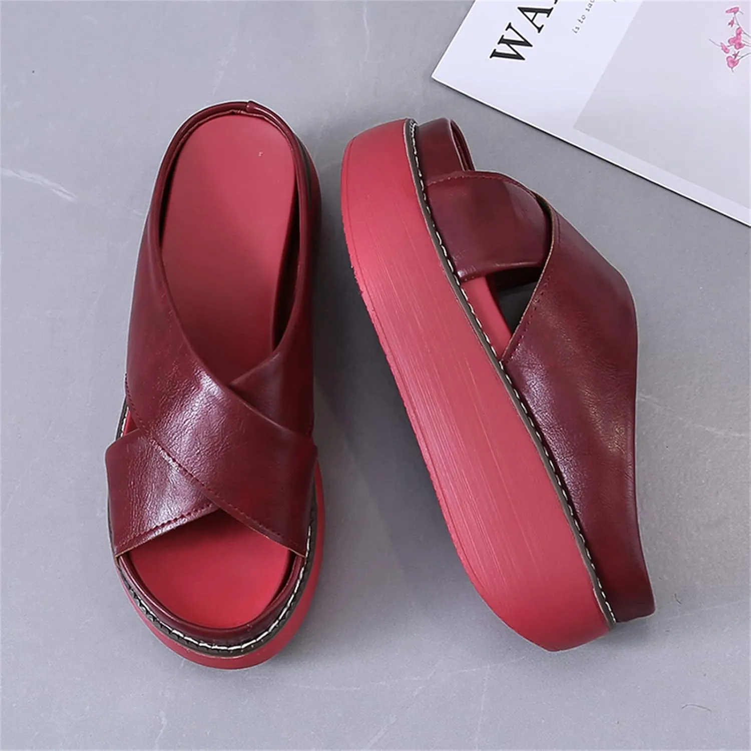 ORNVEION Women's Leather Platform Wedge Heel Sandals,Comfy Soft Fashion Open Toe Slip-on Casual Outdoor Beach Slipper