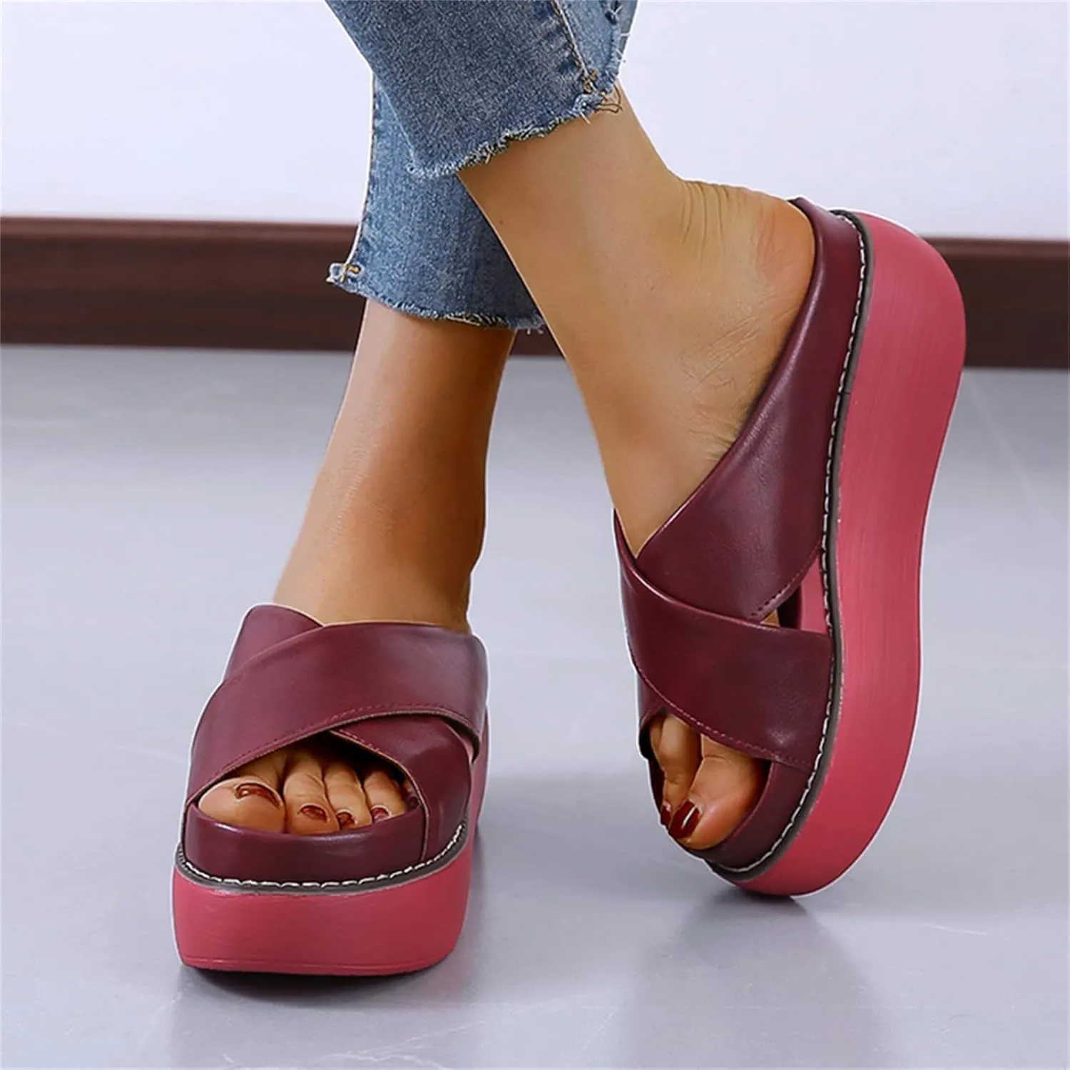 ORNVEION Women's Leather Platform Wedge Heel Sandals,Comfy Soft Fashion Open Toe Slip-on Casual Outdoor Beach Slipper