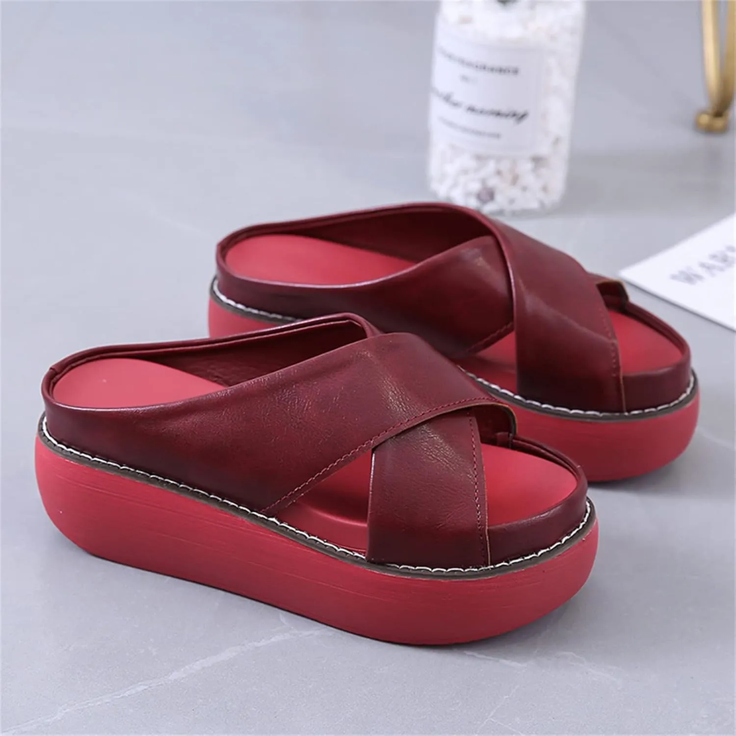 ORNVEION Women's Leather Platform Wedge Heel Sandals,Comfy Soft Fashion Open Toe Slip-on Casual Outdoor Beach Slipper