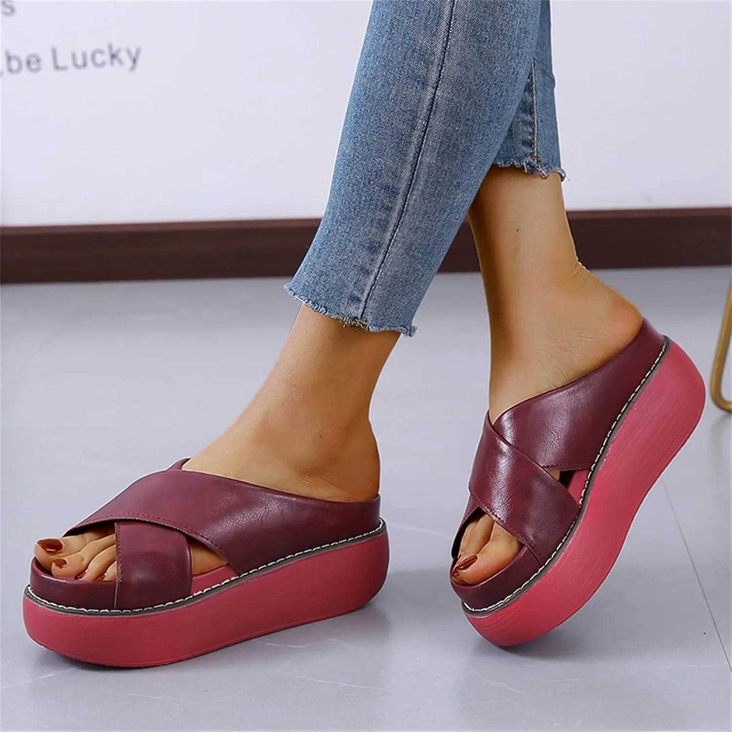 ORNVEION Women's Leather Platform Wedge Heel Sandals,Comfy Soft Fashion Open Toe Slip-on Casual Outdoor Beach Slipper