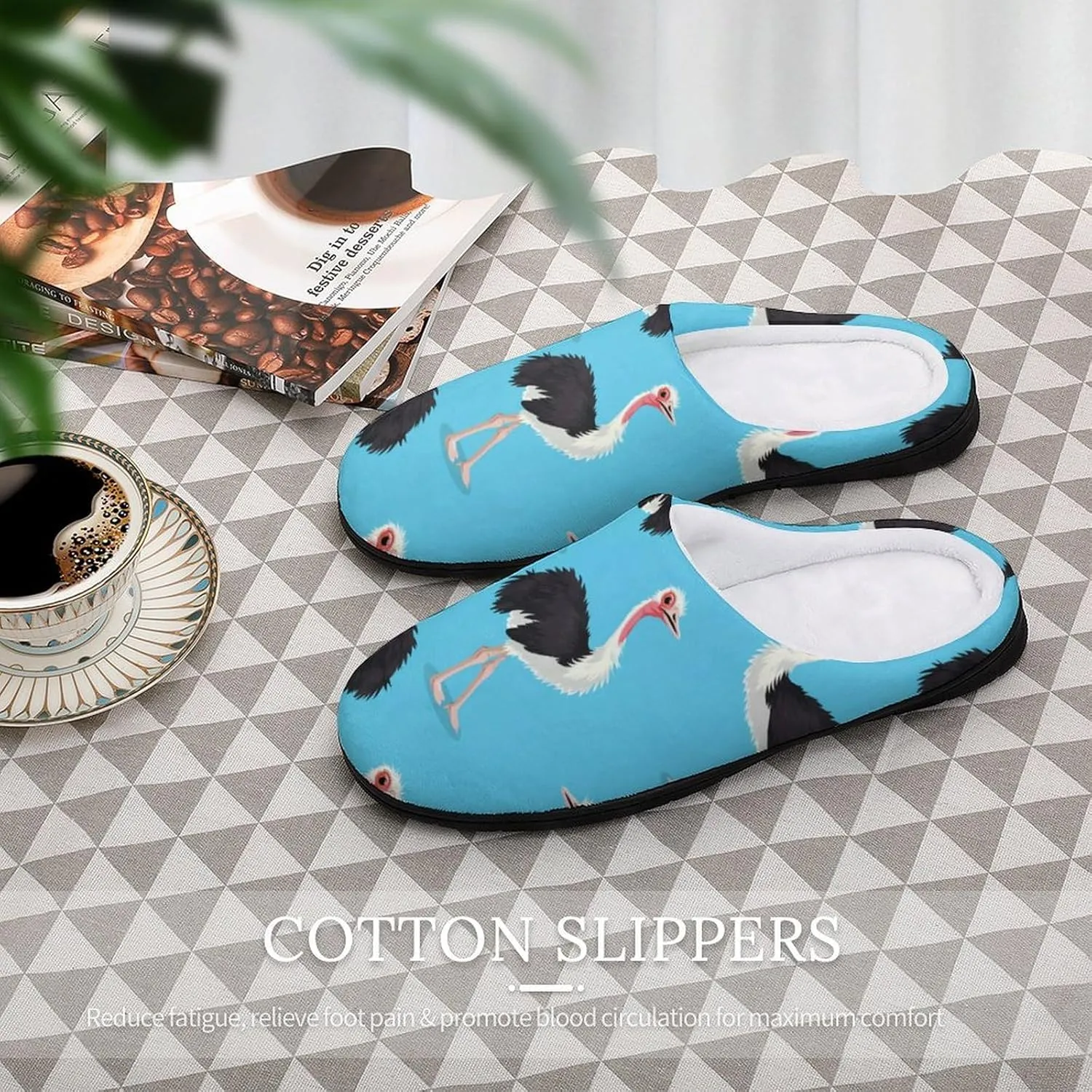 Ostrich Bird Print Mens Slippers Casual Slip On Warm House Shoes with Rubber Sole Indoor Outdoor