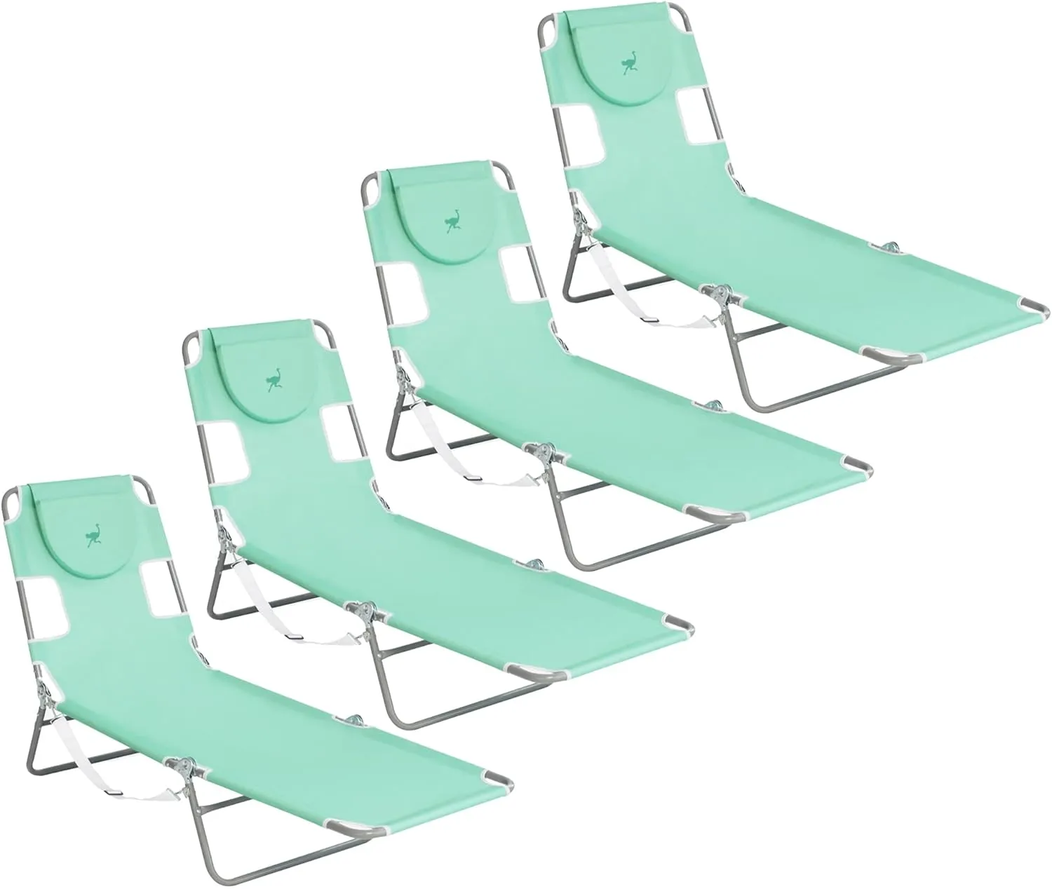 Ostrich Chaise Lounge Outdoor Portable Folding 4-Position Recliner Chair for Beach, Patio, Camp, & Pool with Carrying Strap, Teal (4 Pack)