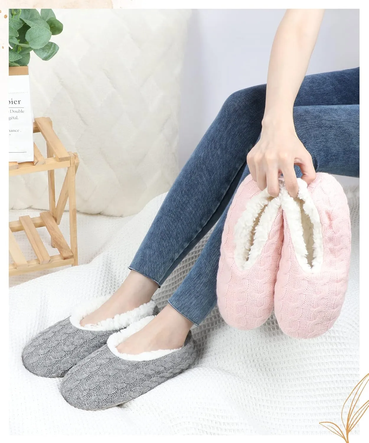 Panda Bros 2 Pairs Slipper Socks For Women With Grippers, Fuzzy Womens Slipper Socks With Non Slip Bottoms, Cozy Warm House Slippers